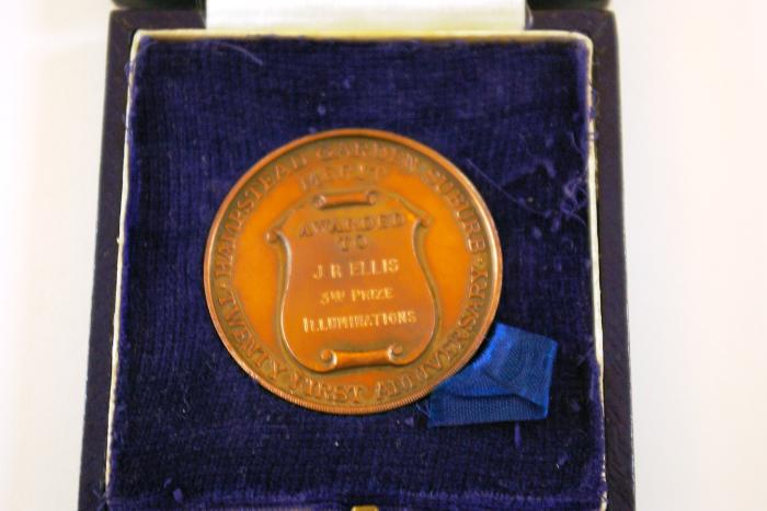 Medal for HGS 21st Anniversary Illuminations, 3rd place awarded to J R Ellis 1928