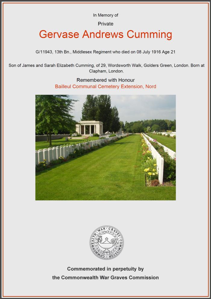 Gervase Andrews Cumming - WW1