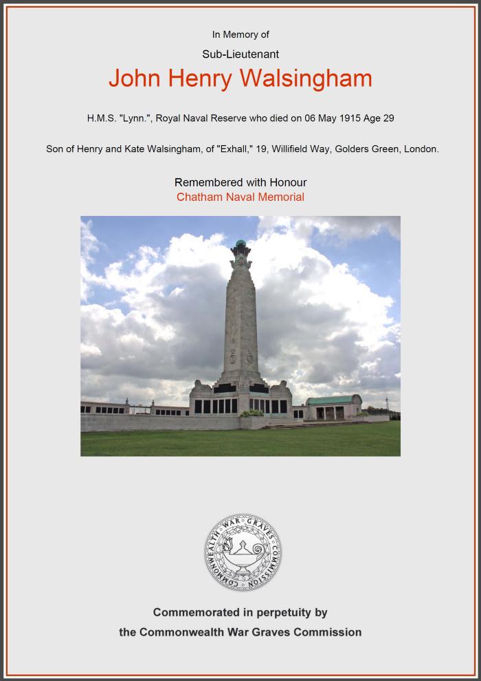 John H Walsingham - WW1