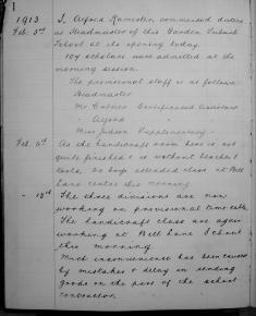 GSS Head teachers first log entry 1913