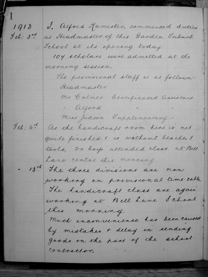 GSS Head teachers first log entry 1913