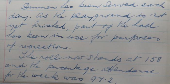 Dinner served every day; roll 158 in September 1952; attendance 97.2%