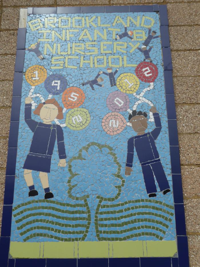 Queen's Golden jubilee mosaic on side of Infant school 2002