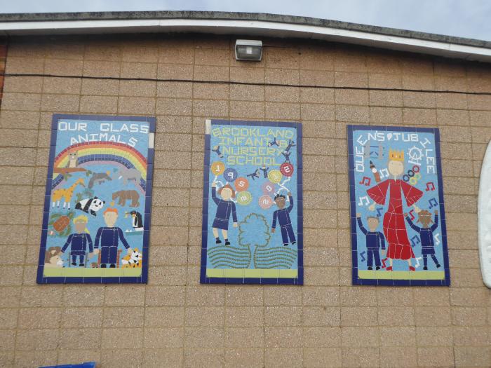 Queen's Golden jubilee 3 mosaics on side of Infant school 2002