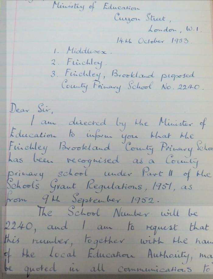 Oct 1953 copy of letter registering School from 9.9.1952, 2 pages
