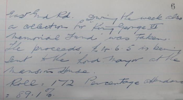 Collection for George VI memorial fund; roll 172; attendance 89.1%