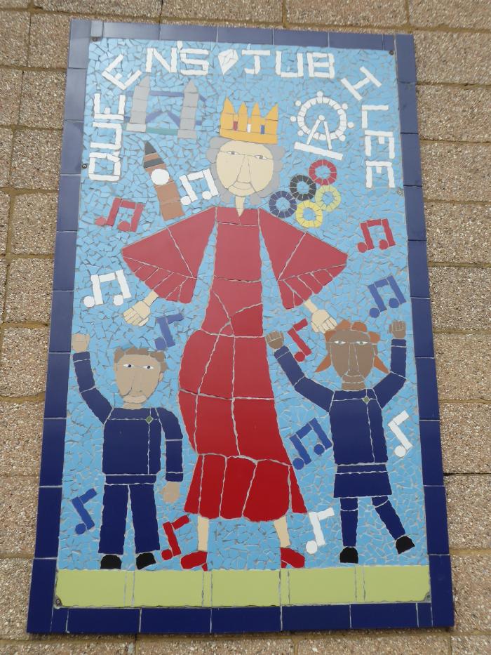 Queen's Golden jubilee mosaic on side of Infant school 2002
