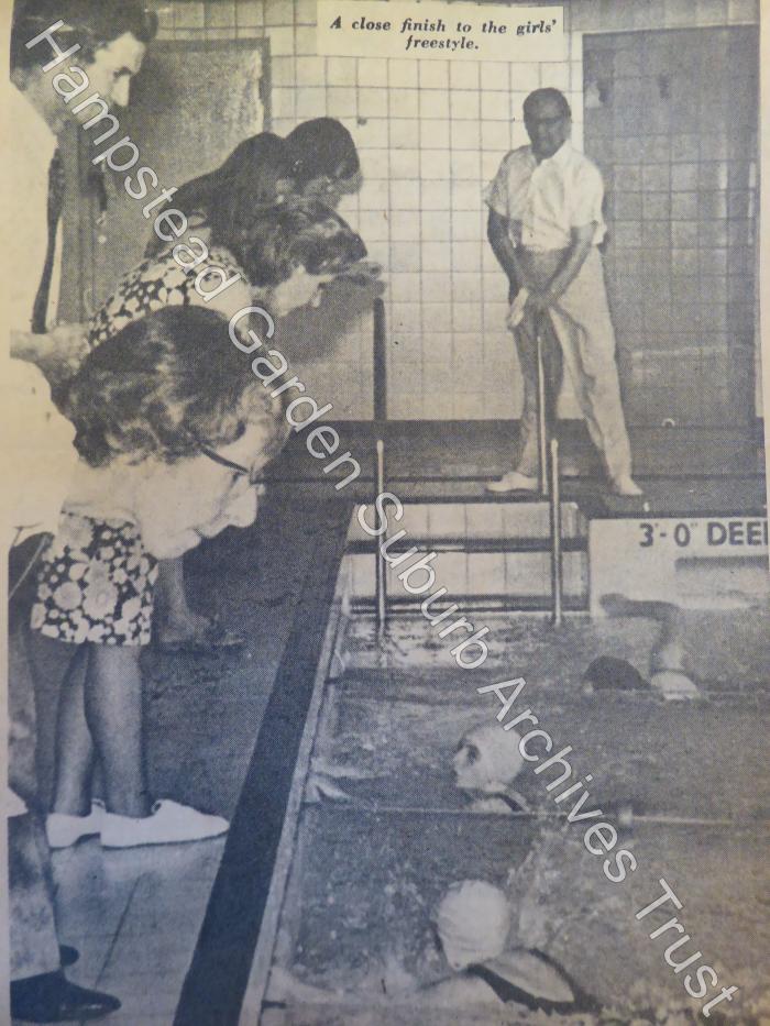 A close finish - newspaper cutting of swimming race in 1970s