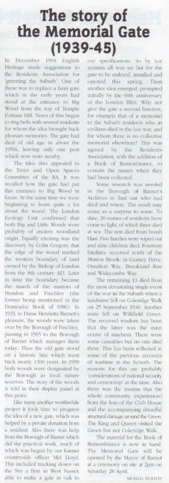Story of the Memorial Gate for Hampstead Garden Suburb civilians