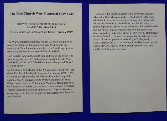 Free Church Memorial display for The Fallen in WW2 - The Free Church War Memorial 1939-1945