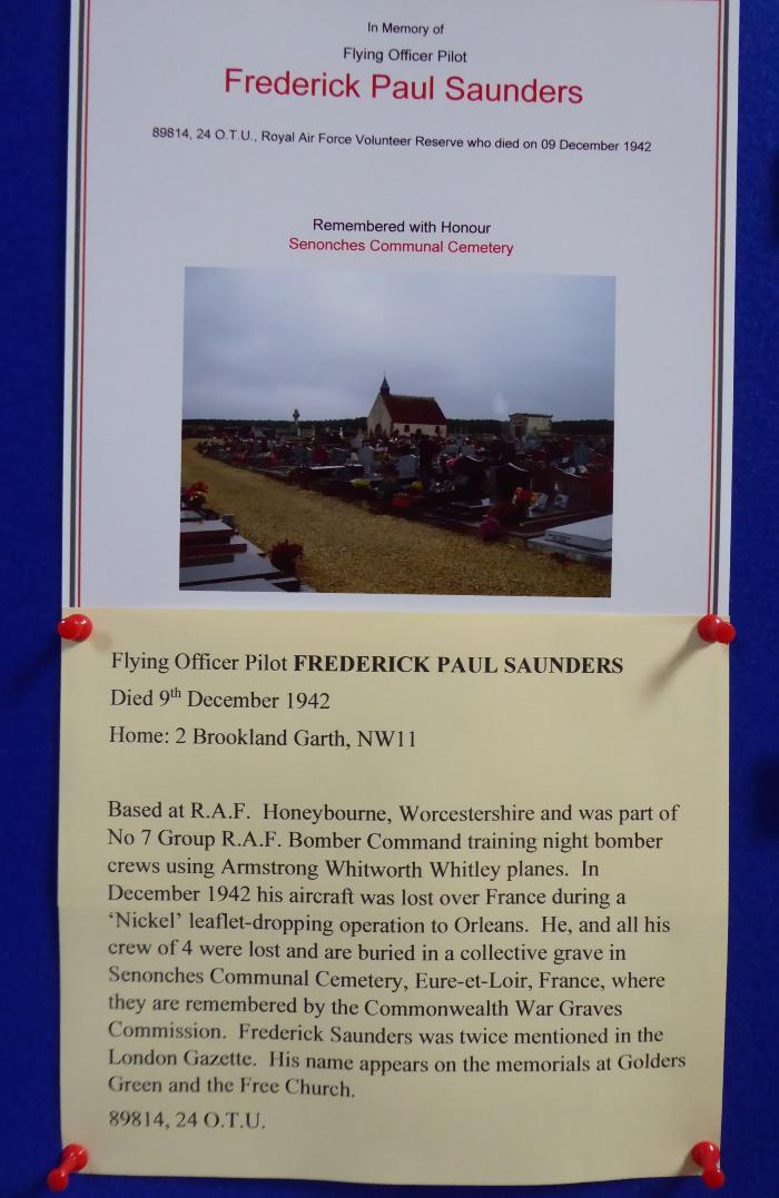 Free Church Memorial display for The Fallen in WW2 - Frederick Paul Saunders