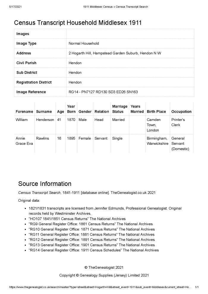 Census 1911 - 02 Hogarth Hill