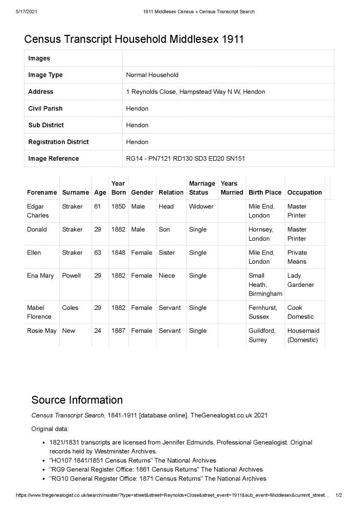 Census 1911 - 01 Reynolds Close