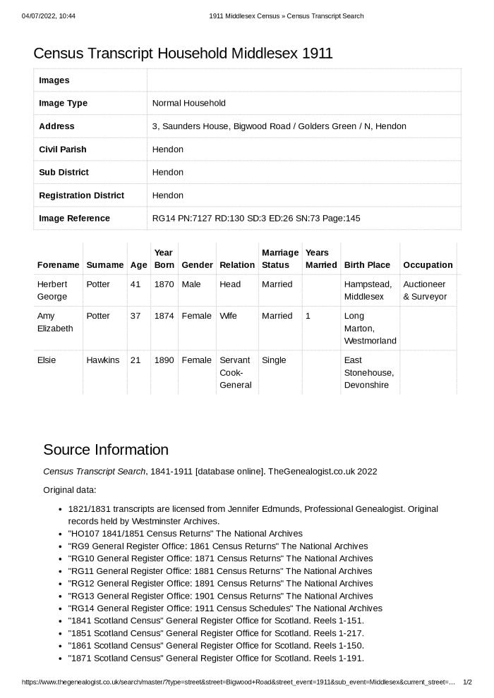 Census 1911 - 3 Bigwood Road
