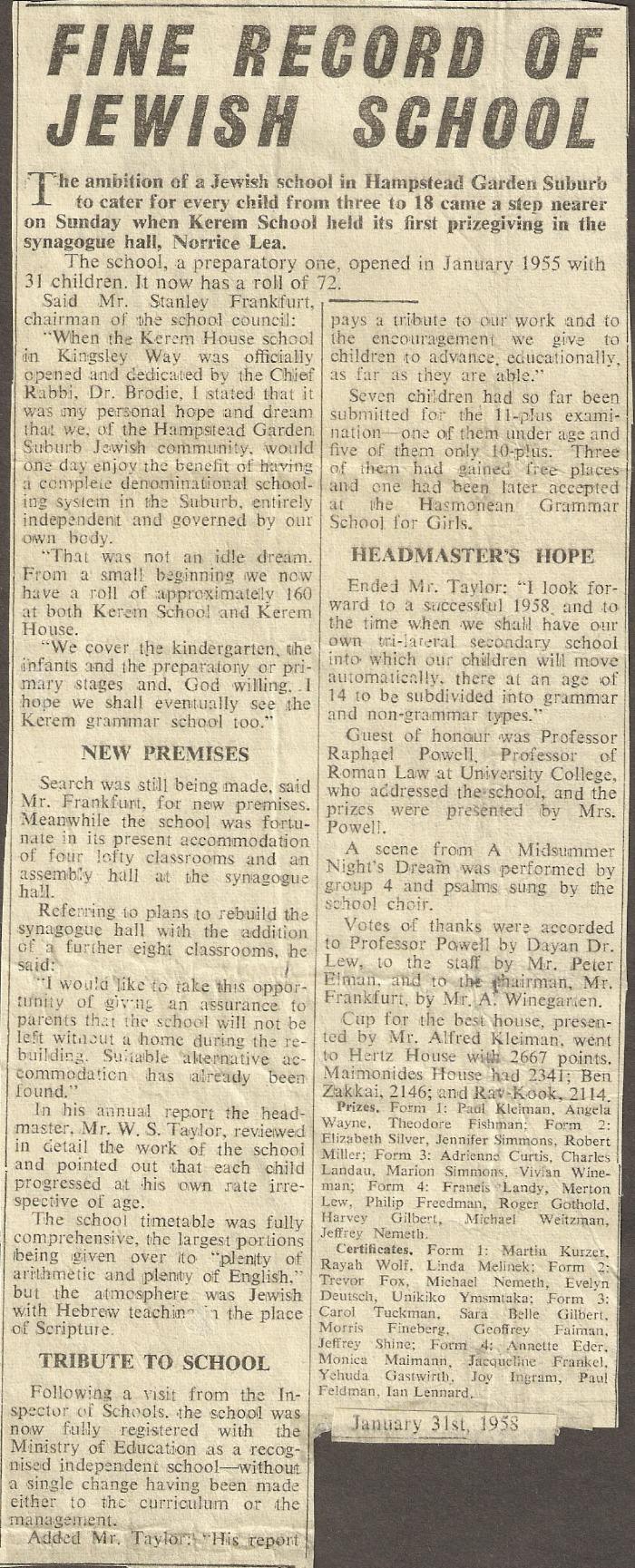 Fine Record of Jewish School