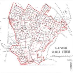 Map of original fields overlaying the modern Hampstead Garden Suburb