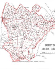 Map of original fields overlaying the modern Hampstead Garden Suburb