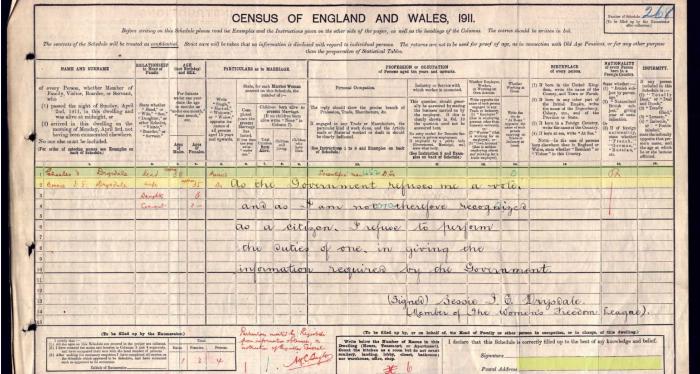 Bessie Drysdale's 1911 spoiled census form