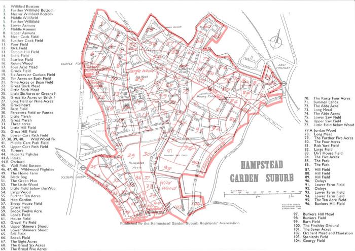 Map of original fields overlaying the modern Hampstead Garden Suburb